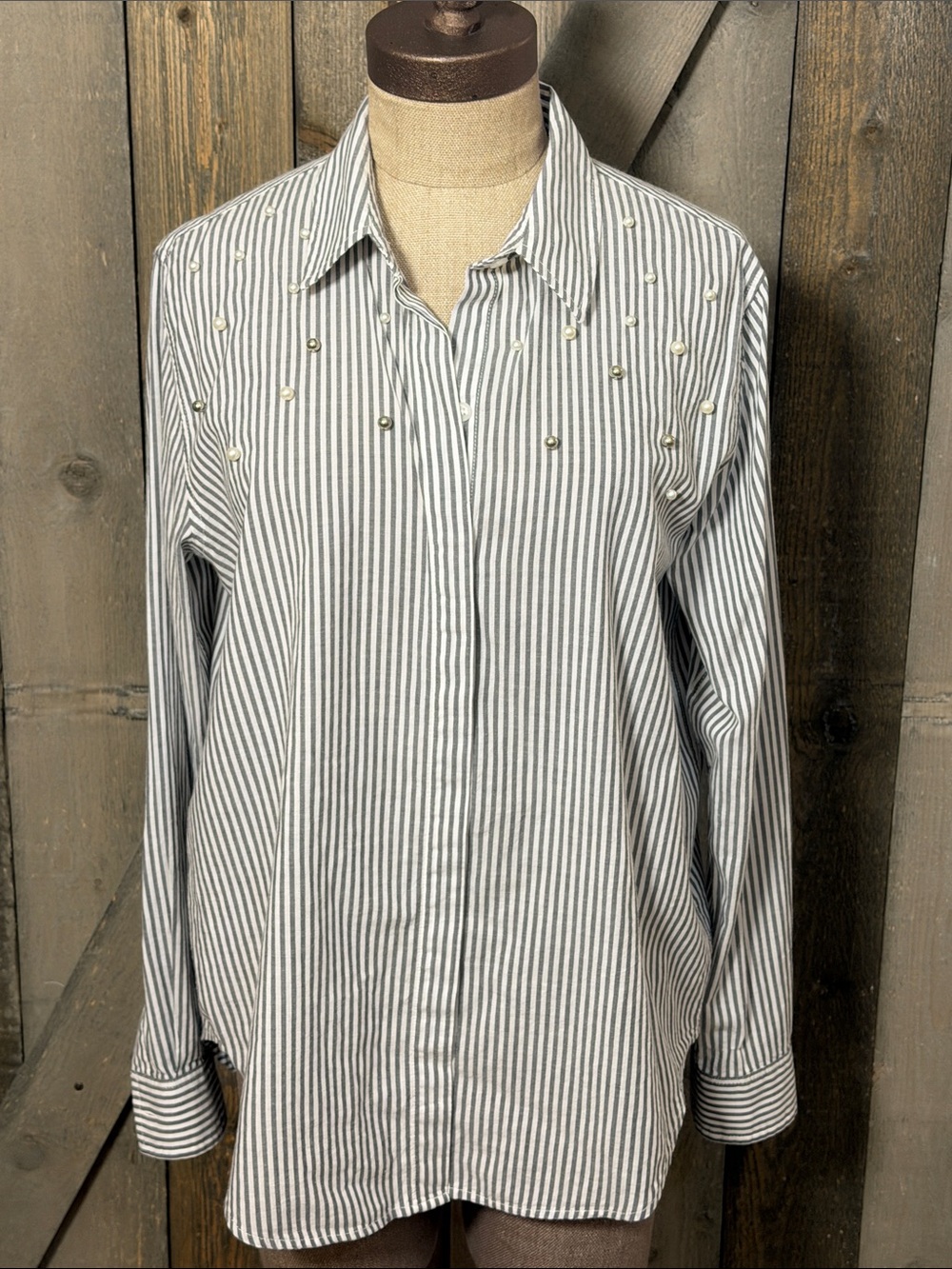 Rails Taylor Florence Stripe Pearl Studded Button Down Shirt Gray White Small